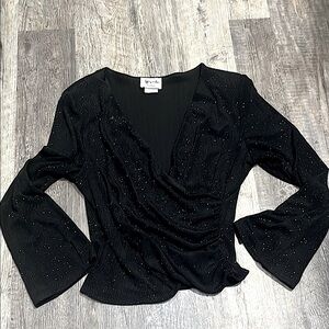 Vintage Black Sparkle Cross front Long Sleeve Evening Blouse top size 12